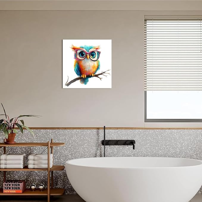 Ypxzzj Cute Owl with Glasses Canvas Wall Art,Colorful Owl Decor Wall Art Pictures Painting Poster Artwork for Children's room Bedroom Living room Decor Framed Ready to Hang