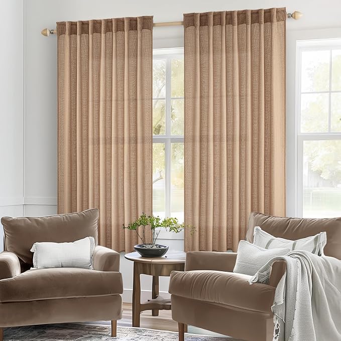 MIULEE Light Brown Linen Curtains 42x63 Inch 2 Panels for Bedroom | Length, Soft Thick Linen Textured Natural Window Drapes, Semi Sheer Light Filtering, Back Tab Rod Pocket, Burlap Look Decor
