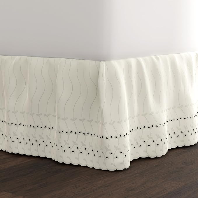 Fresh Ideas Eyelet Bed Skirt, Ruffled Design, 14 Inch Drop, Embroidered Scalloped Edge, Full, Ivory