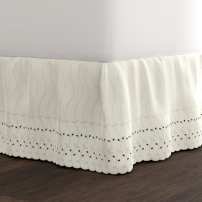 Fresh Ideas Eyelet Bed Skirt, Ruffled Design, 14 Inch Drop, Embroidered Scalloped Edge, King, Ivory