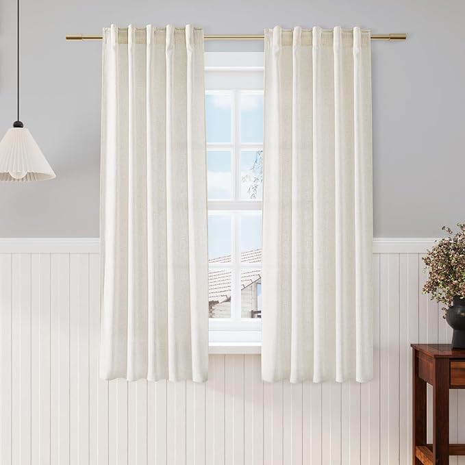 60 Inch Length Linen Curtains Cream Semi Sheer Light Filtering Back Tab and Rod Pocket Neutral Curtains for Bedroom Living Room 34 x 60 Inch,2 Panels
