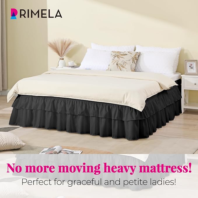 RIMELA Queen Size Ruffle Bed Skirt 16 Inch Drop - Black Double Layered Wrap Around Dust Ruffle, Romantic Cute Design Bedskirt with High-Density Fabric, Soft Stretchy, Easy Install for Queen Bed