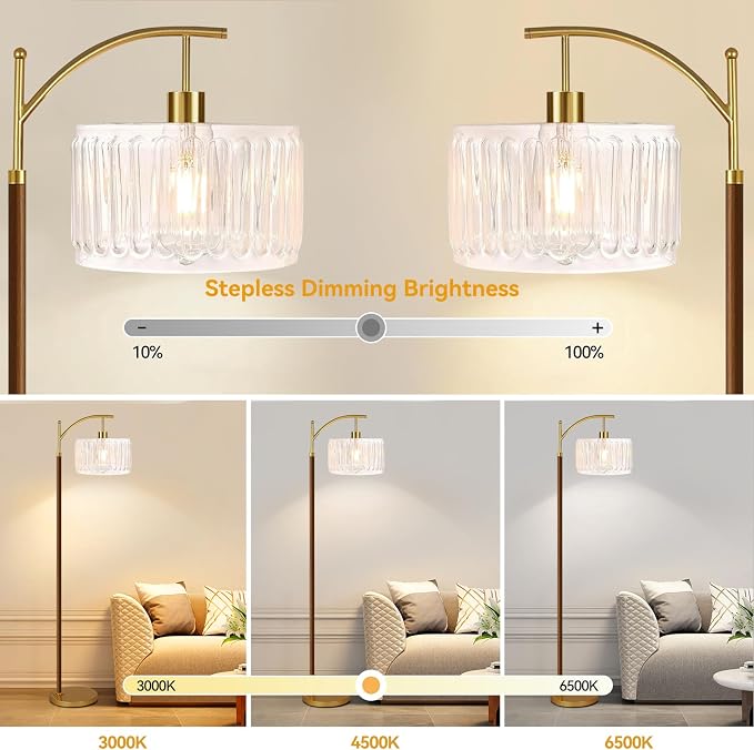 ILLMTW Arc Floor Lamp for Living Room,Bedroom,Glass Mid Century Modern Standing Lamp with Remote Dimmable,Wood Vintage Gold Tall Lamp White Lamp Shade Floor Lights Boho Bohemian Tiffany Style