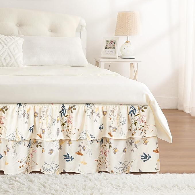RIMELA Ruffle Bed Skirt Balloon Flower Floral Queen 15 Inch Drop, Elastic Wrap Around Bed Skirting Queen Size, Easy to Install Dust Ruffle, Machine Washable Soft Fabric, Multi Ruffle Bedskirt