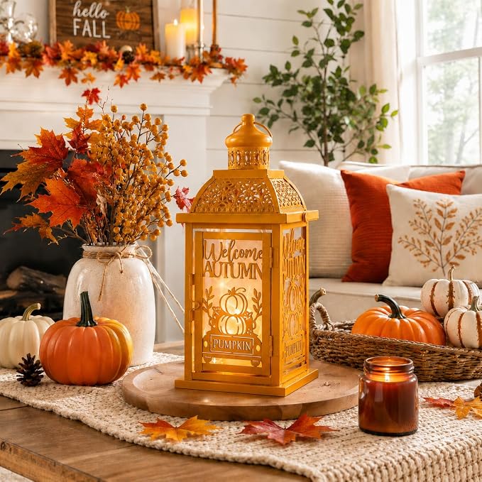 NEEDOMO Fall Decorations for Home, Decorative Candle Lantern for Tabletop Mantel Decor, Vintage Metal Lantern Candle Holders for Indoor Outdoor Decor, Halloween,Thanksgiving,Autumn(Pumpkin)