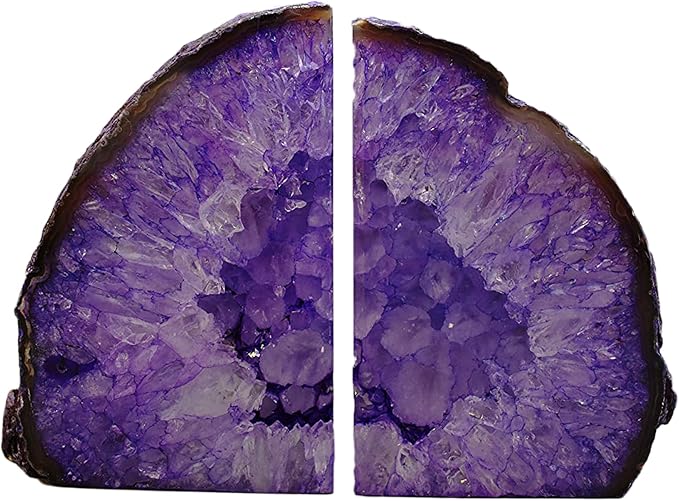 JIC Gem Dyed Purple Agate Geode Bookends Crystal Book Hold for Shelves | 1 Pair, 3-4 Lbs Decorative Gemstone Stoppers with Non-Skid Rubber Bumpers for Tabletop Decor Cute Crystal Supports Gift