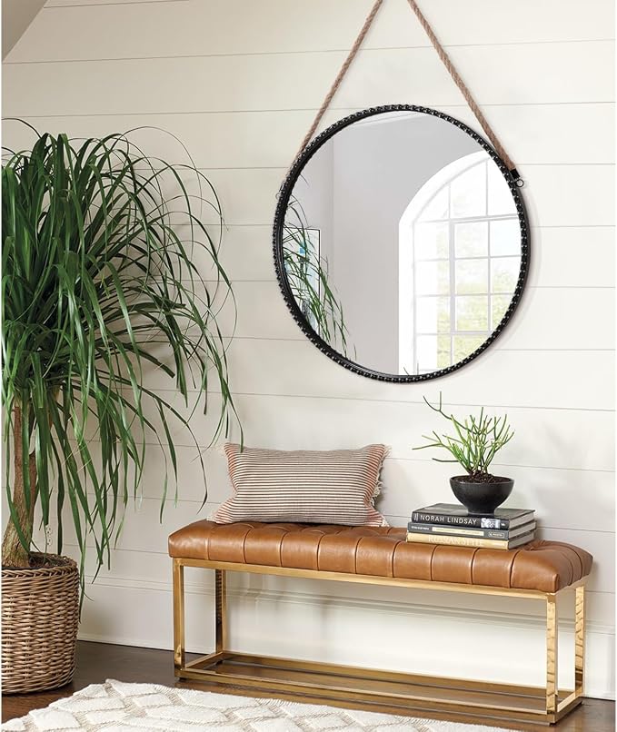 Round Hanging Mirror Metal Frame Rope Hanging Mirrors Artistic Circle Black Bead for Bedroom Bathroom Vanity Entryway Farmhouse Wall Decor Black 18"