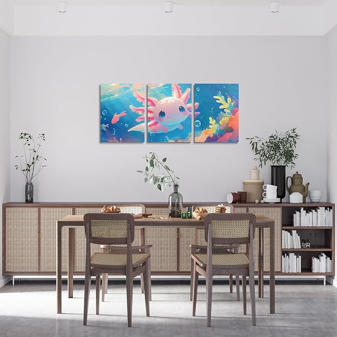 Feelyou Cute Axolotl Canvas Wall Art Kids Bedroom Wall Decor For Living Room Office Wall Decor Ocean Sealife Painting Framed Wall Pictures 3 Piece Ready To Hang for Bathroom Home Decor