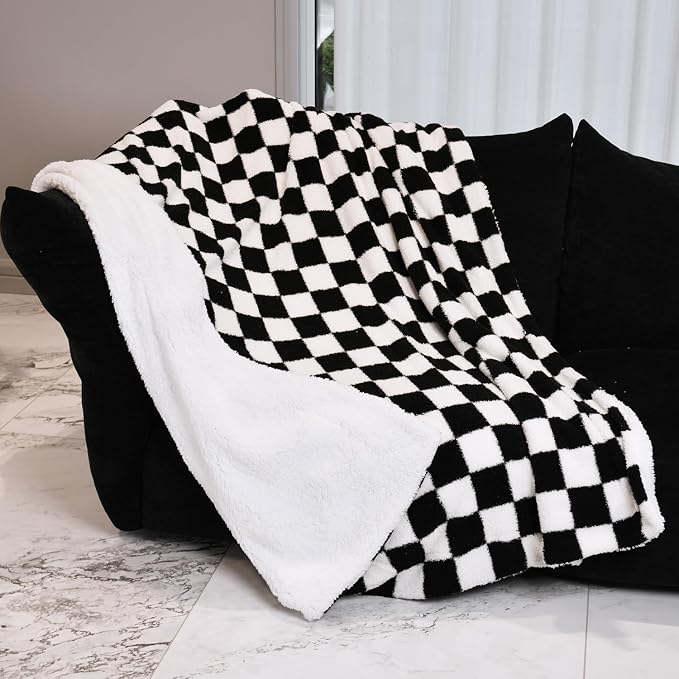 MERRYLIFE Checkered Sherpa Throw Blanket for Couch Bed Black White 60" 70" | Decorative, Knitted, Checkerboard Grid Pattern, Ultra-Plush Soft, Fuzzy Cozy, Widely Use, Gift Choice, Machine Wash