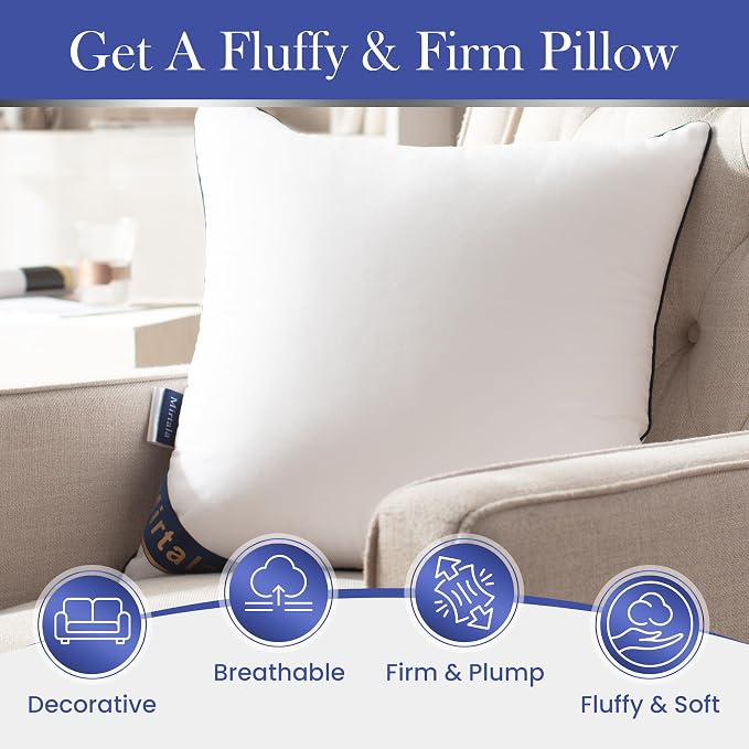 Mirtala 18"x18" Pillow Inserts Set of 2 with 100% Cotton Cover Decorative Square Throw 18" Pillows Living Room, Sofa, Couch, and Bed-White