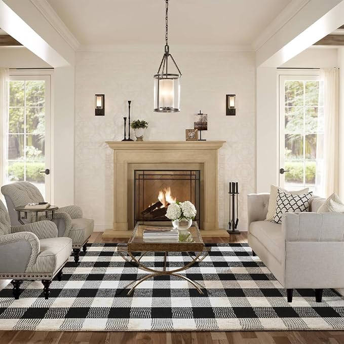 Buffalo Plaid Area Rug 4x6 Ft, Black White Indoor Outdoor Rug | Cotton Blend, Black White Checkered, Machine Washable, Front Porch Entryway, Kitchen Bathroom