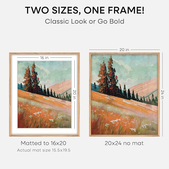 Homeforia 20x24 Natural Oak Picture Frame, High-End Wood, 16x20 Mat, Glass