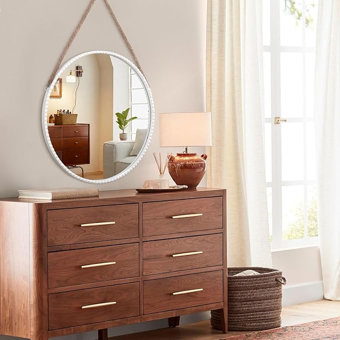 Hanging Circle Mirror Modern Metal Framed Round Mirrors Wall Decorative Rope Hanging Mirrors with Bead for Living Room Entryway Bathroom Bedroom White 18"