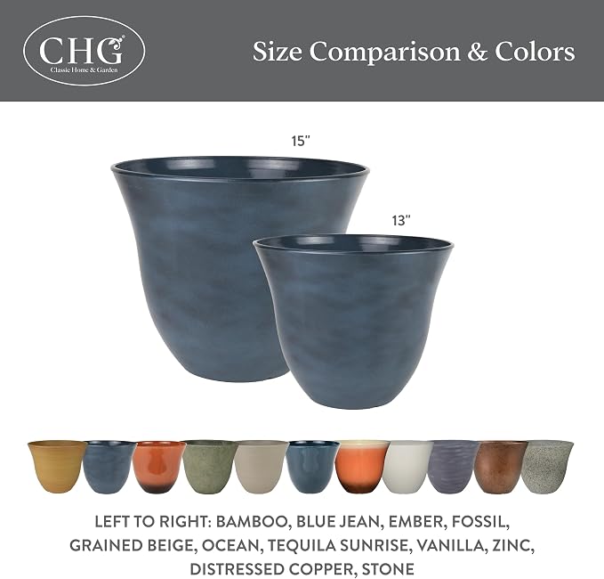 15" Honeysuckle Planter in Bamboo | Hand-Painted Finish Plant Pots, Lightweight Indoor Outdoor Planter, UV-Resistant, Great for Patio, Home & Garden Decor Accent