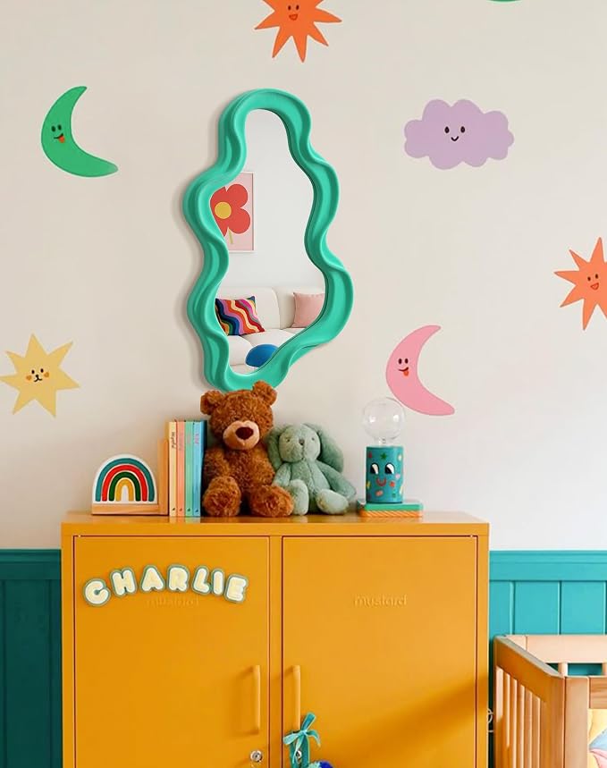 Funky Green Wall Mirror for Gallery Wall,Eclectic Quirky Home Decor | 16x10",Soft Velvet-like Touch,Wall-Mounted Cloud Mirror for Girl Teen Women Bedroom Decoration,Cute Accent for for Hallway