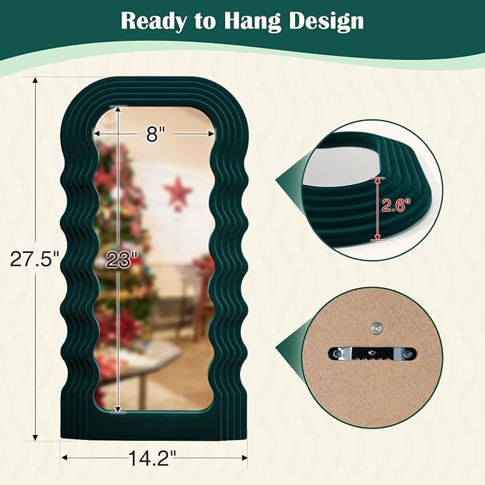 14x28 Arch Wall-Mounted Mirror for Girl Teen Bedroom,Dark Green | Soft Flocking Touch,Funky Decorative Mirrors for Home Office Living Room,Mid-Century Modern Home Decor for Christmas Gift