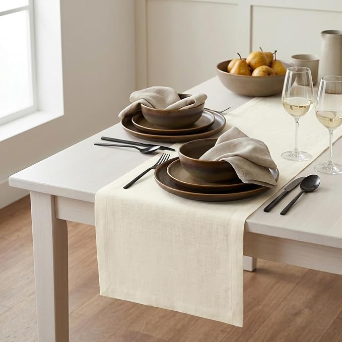 Solino Home 100% Pure Linen Table Runner Ivory Extra Long, Fete 14 x 120 in | brings a tailored look to family meals and hosting, European flax fibres, handloomed texture, soft, fine, OEKO-TEX Certified