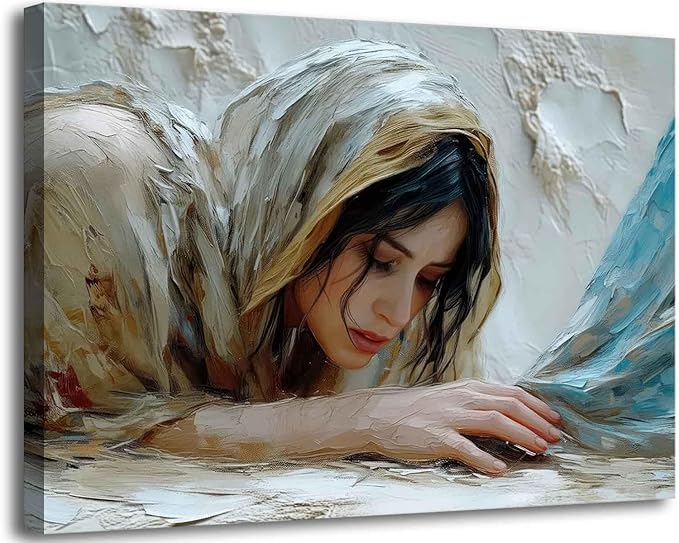 LCZDXGR Christian Wall Art Woman Touching Jesus Hem Canvas Framed 24x16in | Biblical healing miracle canvas with soft neutral tones for prayer room, bedroom, living room, church office, or faith gifts