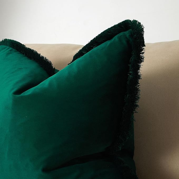 JUSPURBET Pack of 2 Forest Green Decorative Fringe Velvet Throw Pillow Covers 16x24 for Home Decor Living Room Bedroom Car Boho Soft Cushion Cover with Hidden Zipper Machine Washable