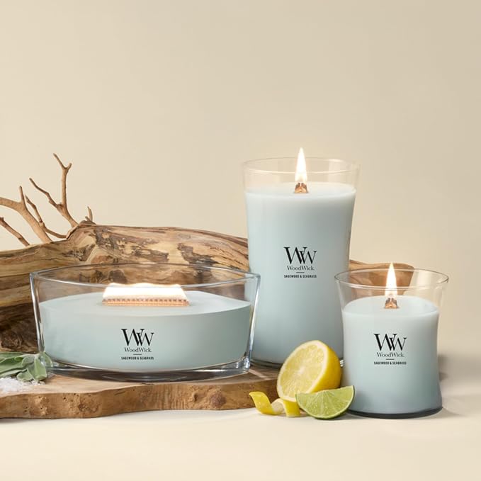 WoodWick Sagewood & Seagrass Gifts for Women and Men, Ellipse Candle with Crackling Wick, 16oz (Pack of 2)