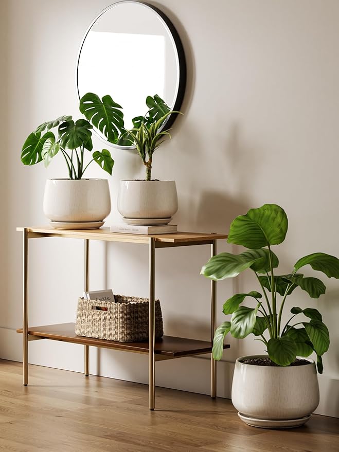 LE TAUCI 12 Inch Pots for Plants, Ceramic Planter with Drainage Hole & Saucer, Thick-Walled Ceramic, Planters for Indoor Plants, Ideal for Living Room & Entryway, Reactive Glaze Beige