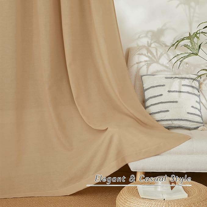NICETOWN Linen Blend Living Room Curtains 84 inch Long 2 Panels Set, Rod Pocket & Back Tab Privacy Added Thick Flax Semi Sheer Window Curtains & Drapes for Bedroom/Farmhouse, Burlap, W55 x L84