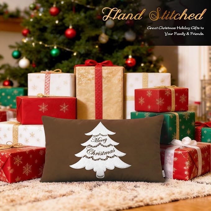 BRAWARM Christmas Pillow Cover 12 X 20 Inches, Brown Christmas Tree Embroidered Lumbar Pillow Cover, Soft Velvet Decorative Throw Pillow for Couch Bed Sofa Living Room Home