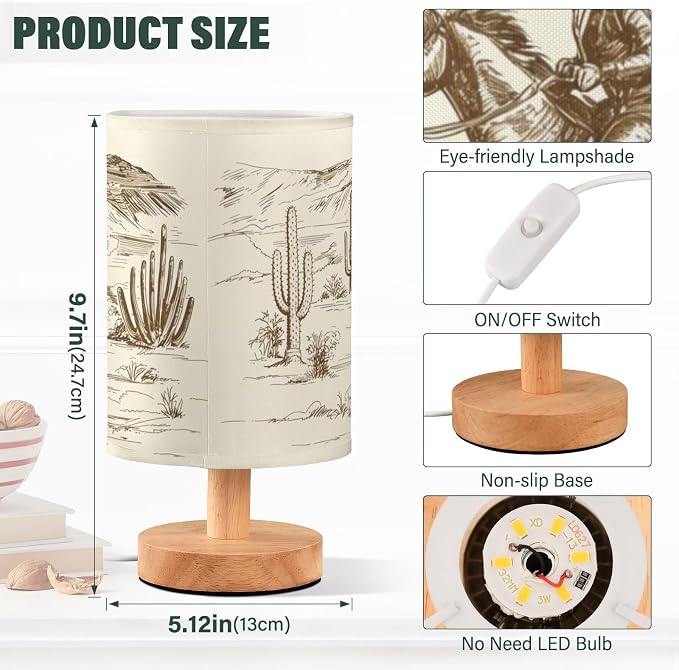 Bedside Lamp Western Desert Cowboy Table Lamp for Bedroom LED Nightstand Lamp Shade USB Ports Wood Base for Living Room Dorm Office