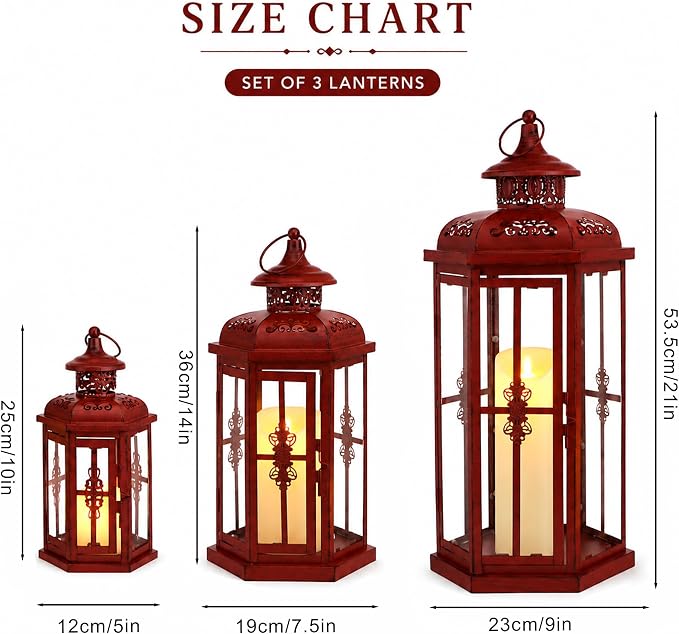 JHY DESIGN Set of 3 Decorative Candle Lanterns 20"&14"&10" H Outdoor Candle Lanterns Vintage Metal Candle Holders for Indoor, Outdoor, Parities, Garden, Porch(Red with Black Brush)