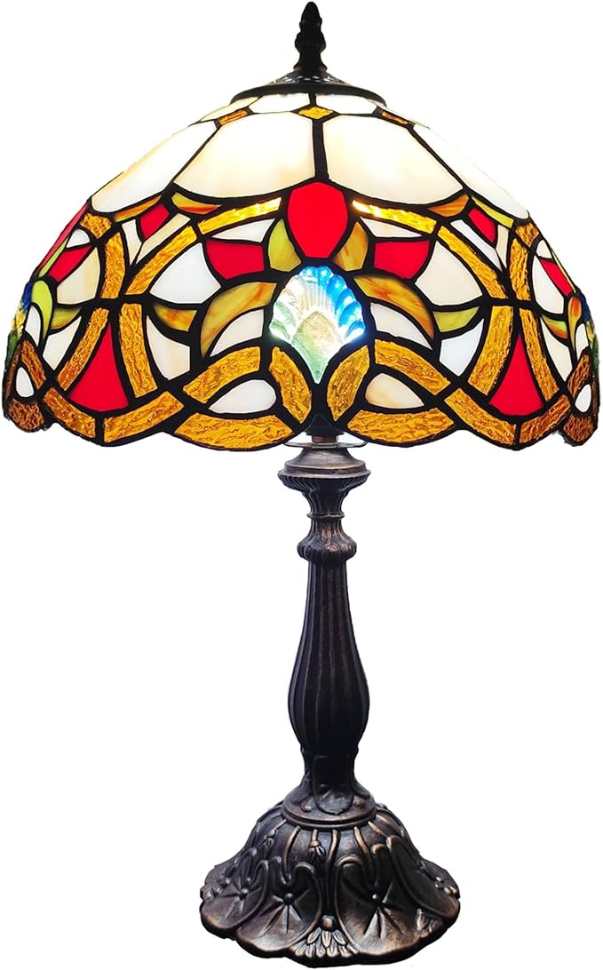Tiffany Table Lamp Yellow Vines Flowers Stained Glass Desk Light 12 Inch Tiffany Style Bedside Lamp with LED Bulb for Bedroom Living Room Office Decor