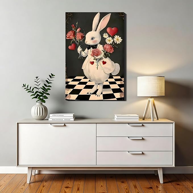 RIBNTAK Miss Rabbit with Rose Large Easter Wall Art 20x30, Sweet Spring Bunny Painting Canvas Prints for Mantle Decor, Bunny Pictures for Living Room, Kitchen, Holiday Home Decoration