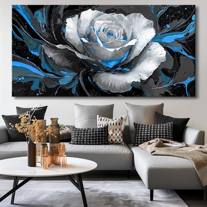 Large White Rose Flower Wall Art Elegant Flower Framed Floral Canvas Print for Living Room, Bedroom, Dining Room, Home Office Modern Ready to Hang Home Decor - 24"x48"