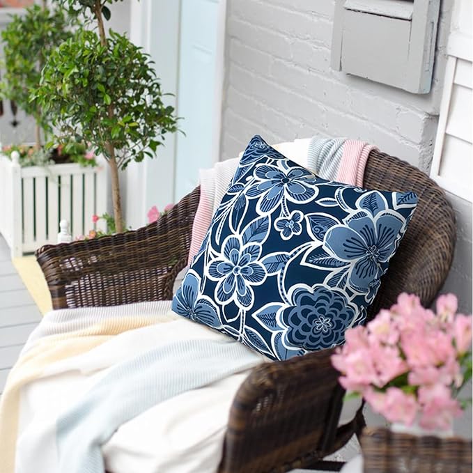 Outdoor Throw Pillow Covers 16x16 Inch, Square Patio Pillow Cases Pack of 2, Modern Decorative Back Cushion Covers for Patio Furniture Garden Couch Farmhouse,Flower Navy