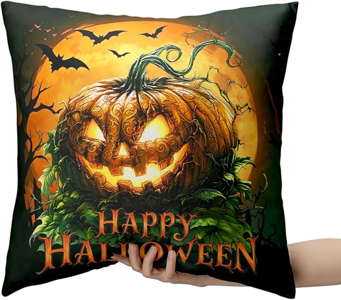 Halloween Pillow Covers Jack-O'-Lantern Outdoor Pillow Cases Spooky Pumpkin Throw Pillow Covers 16x16 Set of 2 Full Moon Bat Cushion Cases for Home Living Room Patio Porch