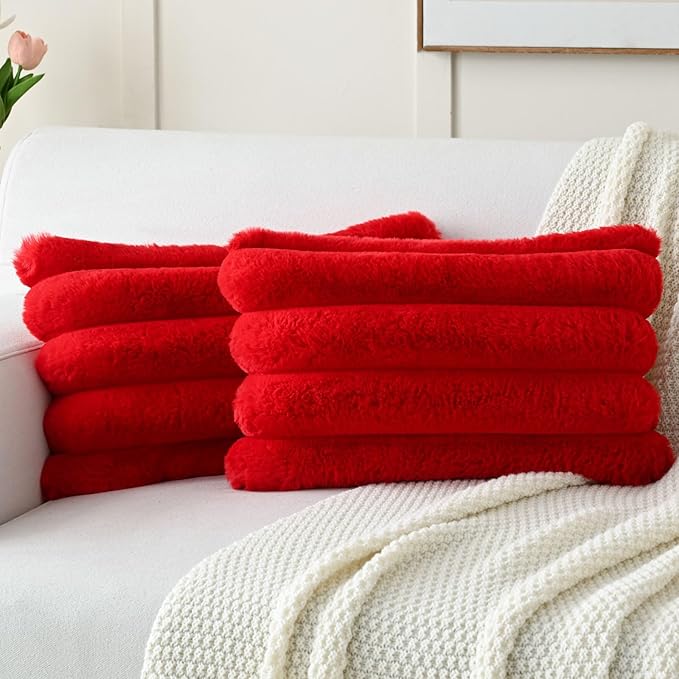 HAUSSY 2 Pack Lumbar Pillow Covers 12x20 Inch, Faux Fur Decorative Couch Throw Pillows Soft Striped Plush Cushion Covers Home Decor Cute Furry Pillowcase for Living Room Sofa Bed, Red (Covers Only)