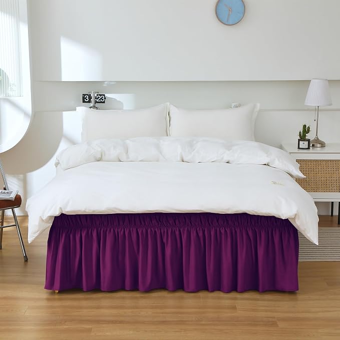 MEILA Wrap Around Elastic Bed Skirt for Queen & King Beds, 14" Drop,Purple | Three-Side Adjustable Elastic Dust Ruffle, Ruffled Polyester Fabric, Easy to Install, Fade Resistant & Machine Washable