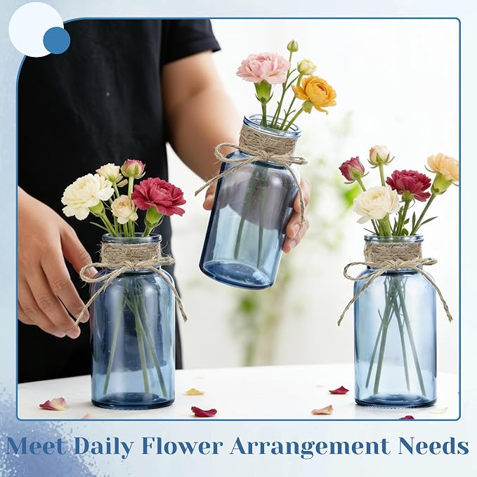 Mason Jar Glass Vases 6 Pack, Blue Flower Vase for Centerpieces | Rustic Farmhouse Home Decor, Bud Vase with Twine, Wedding Table Decoration, Boho Floral Arrangement, Vintage Jars Bulk