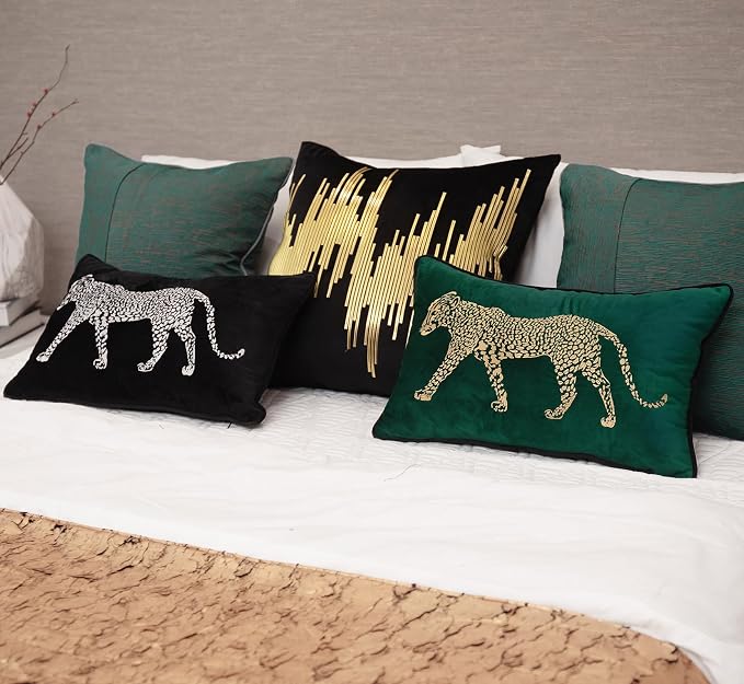 vctops Soft Velvet Embroidery Lumbar Decorative Throw Pillow Covers Leopard Pattern Cushion Case for Sofa Bedroom Couch (Green,12"x20") (Pack of 2)