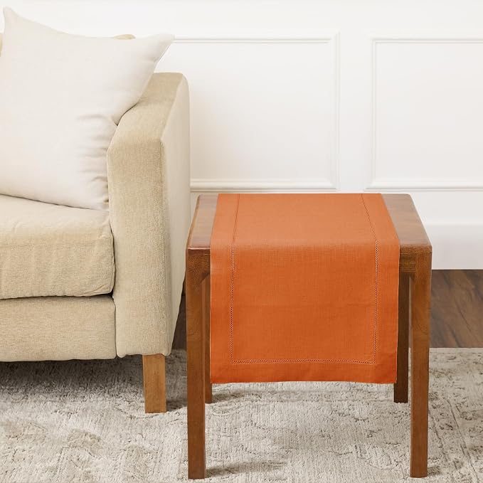 Solino Home 100% Pure Linen Dining Table Runner Pumpkin Woven, 14 x 36 in | Classic Hemstitch, styles dining tables for meals and celebrations, hemstitched border, mitered corners, OEKO-TEX Certified