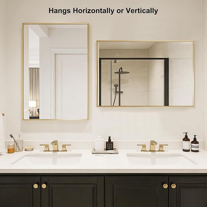Bathroom Wall Mirror, 40" x 30" Brushed Gold Vanity Mirror for Over Sink | Rectanglar Sleek Beveled Framed Mirror for Over Sink, Tempered Glass, Anti-Rust, Hangs Horizontally or Vertically
