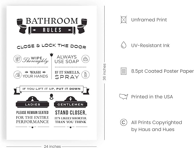 HAUS AND HUES Funny Bathroom Rules Wall Art – Toilet Rules Poster, Humorous Bathroom Sign, Funny Wall Decor for Restroom or Guest Bath (24x36, Unframed)
