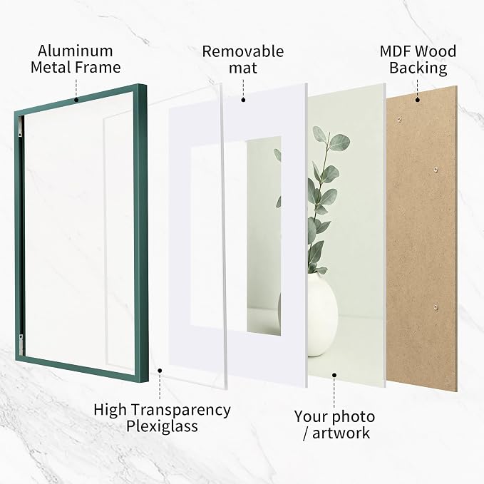 Fun Memories 8x10 Inch Metal Picture Frame - Aluminum Photo Frames - 5x7 Mat - Ideal for Wall or Tabletop Display - Wall Hook Hanging Hardware Included - Green - Set of 1