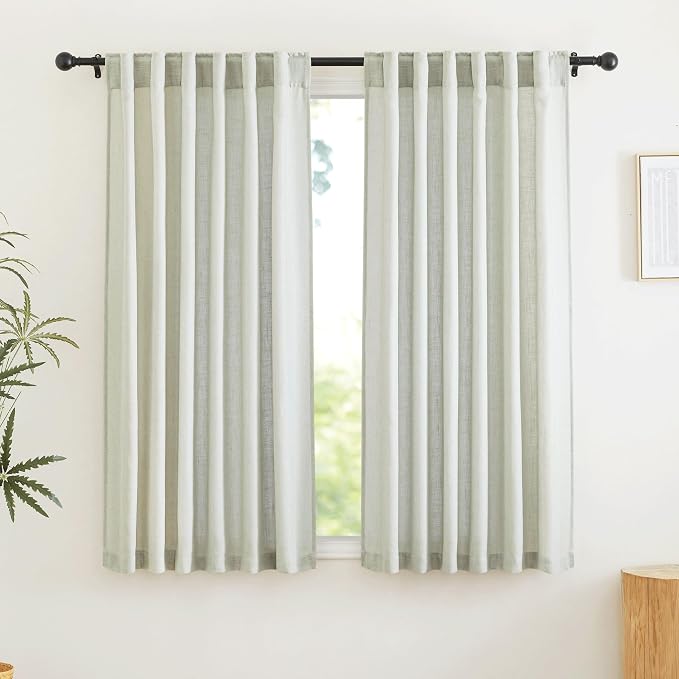 RYB HOME Short Linen Sheer Curtains for Small Kitchen Cafe Bathroom Window | Light Filtering,Half Privacy, Linen Textured, Semi Sheer, Farmhouse Boho Country Decor, W52 x L45, Sage Green, 2 Panels