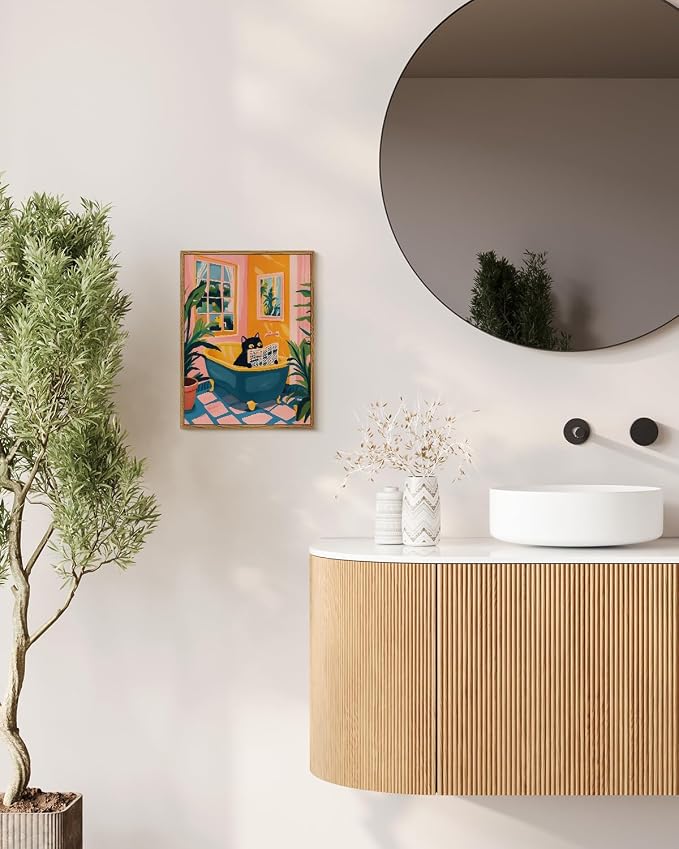 Black Cat Reading Newspaper in Bathtub 12x16 Framed Wall Art, Tub Scene, Lush Green Plants, Vintage Tiles Canvas Print, Bright Retro Whimsical Funny Bathroom Home Decor