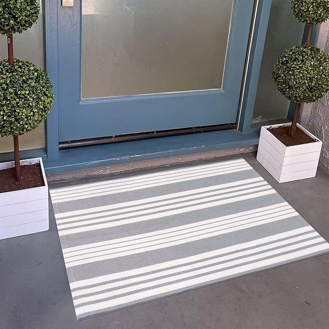 Grey and White Outdoor Doormat 24"x35"Cotton Washable Striped Outdoor Rug | Hand-Woven Cotton Outdoor Front Porch Rug For Entryway Combined With Hello Welcome Mat
