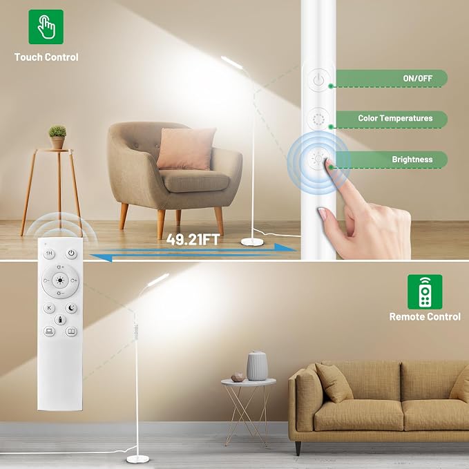 Yikuneng Dimmable LED Floor Lamp, Super Bright Reading Lamps Floor Standing Lamp with Remote & Touch Control, Stepless Dimming & 2700K-6500K Color Temperature, for Living Room Bedroom Office, White