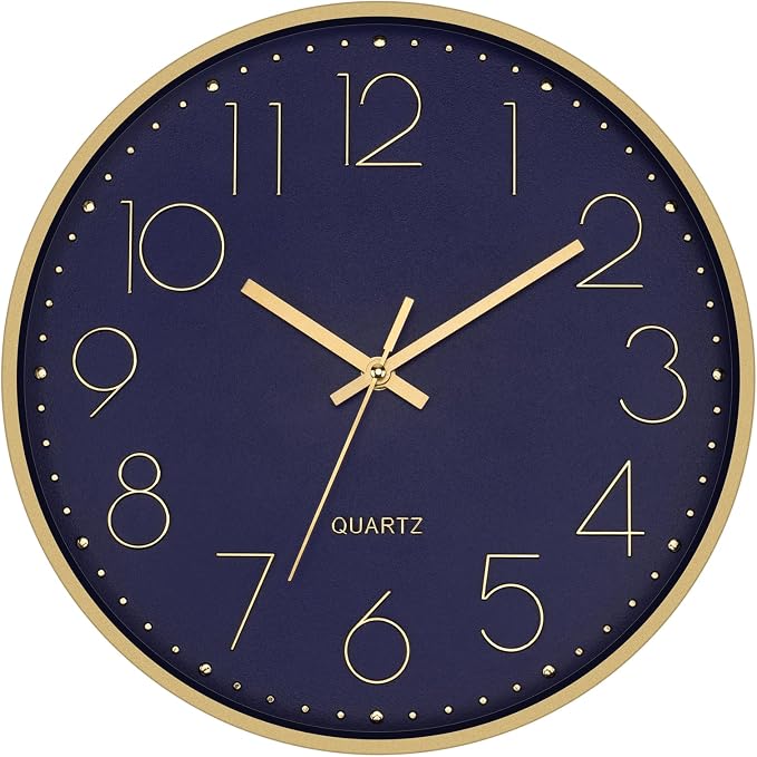 Foxtop 12" Modern Wall Clock Silent Battery Operated Metal Gold Clock | Dark Blue Dial, Non-Ticking, Round, Analog Clock, Quartz, Easy to Read, Living Room, Bedroom, Kitchen, Office