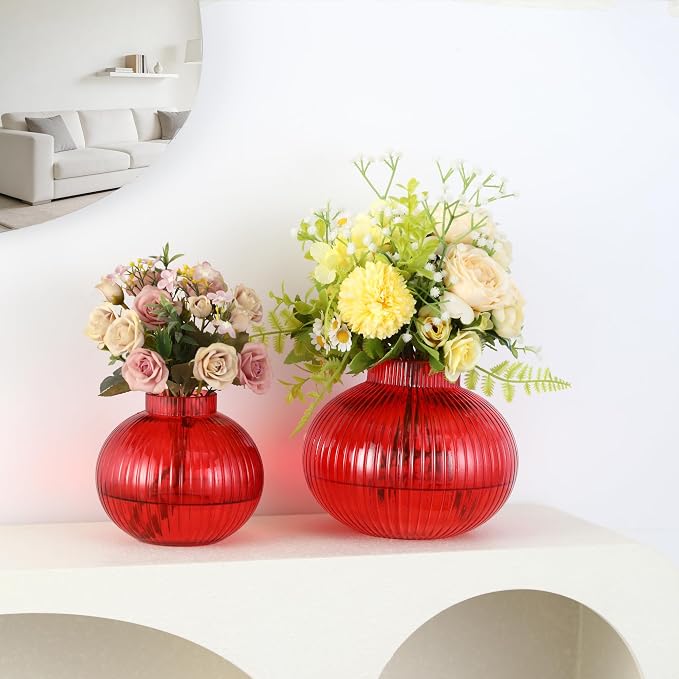 Red Glass Vases for Tulips, Set of 2, Flower Vases for Bouquet, Ribbed Glass Vase for Flowers, Short Vase for Living Room, Office, Coffee Table, Shelf, Wedding