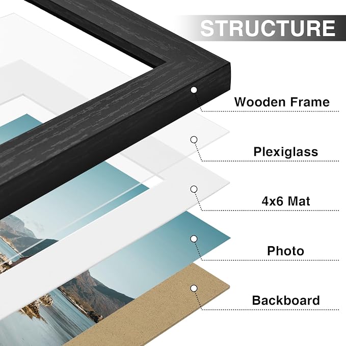 Vittanly 6x8 Picture Frames Set of 9 for Wall or Tabletop Display, Black | Display Pictures 4x6 with Mat or 6x8 without Mat, Small Photo Frames, Engineered Wood with Shatter Resistant Plexiglass