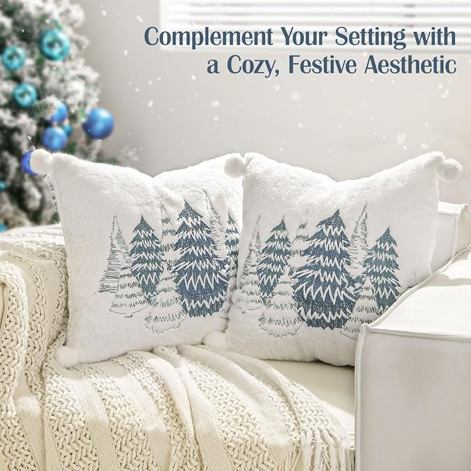 Lewondr Christmas Throw Pillow Cover, 18x18 Inch, Set of 2, Cedarwood | Double-Sided, Luxury Soft Faux Fur, Decorative with Plush Ball, Cute Embroidered, For Bed Home Decor Living Room